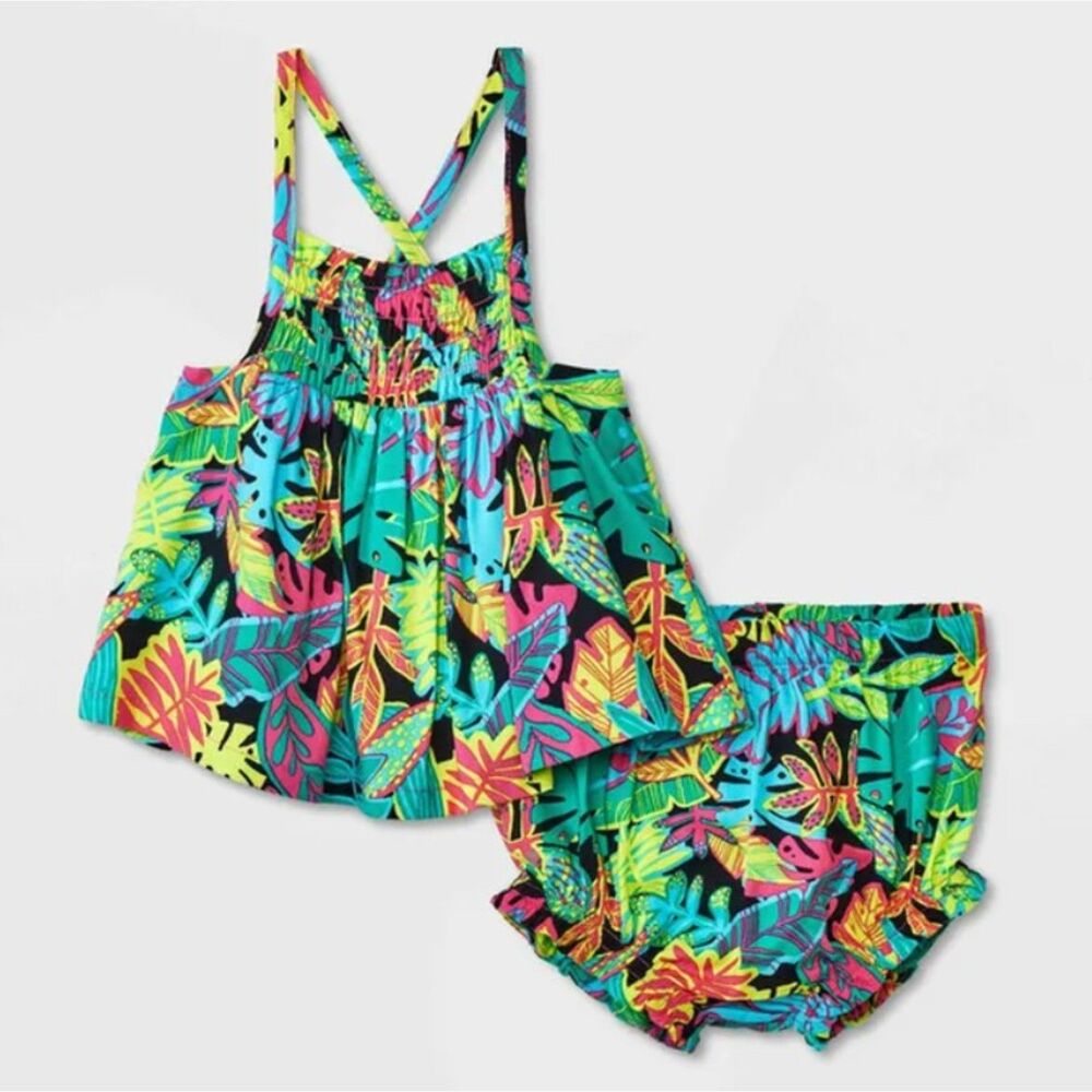 NEW Baby Girls Sz 12 Months Colorful Tropical Shorts & Shirt 2 Pc Set CAT & JACK